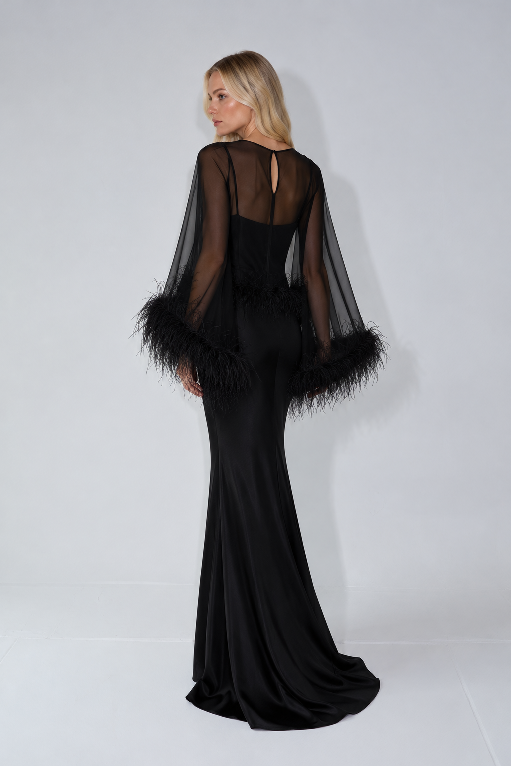 Amira Maxi Dress & Shawl Set with Feather Trim - Black