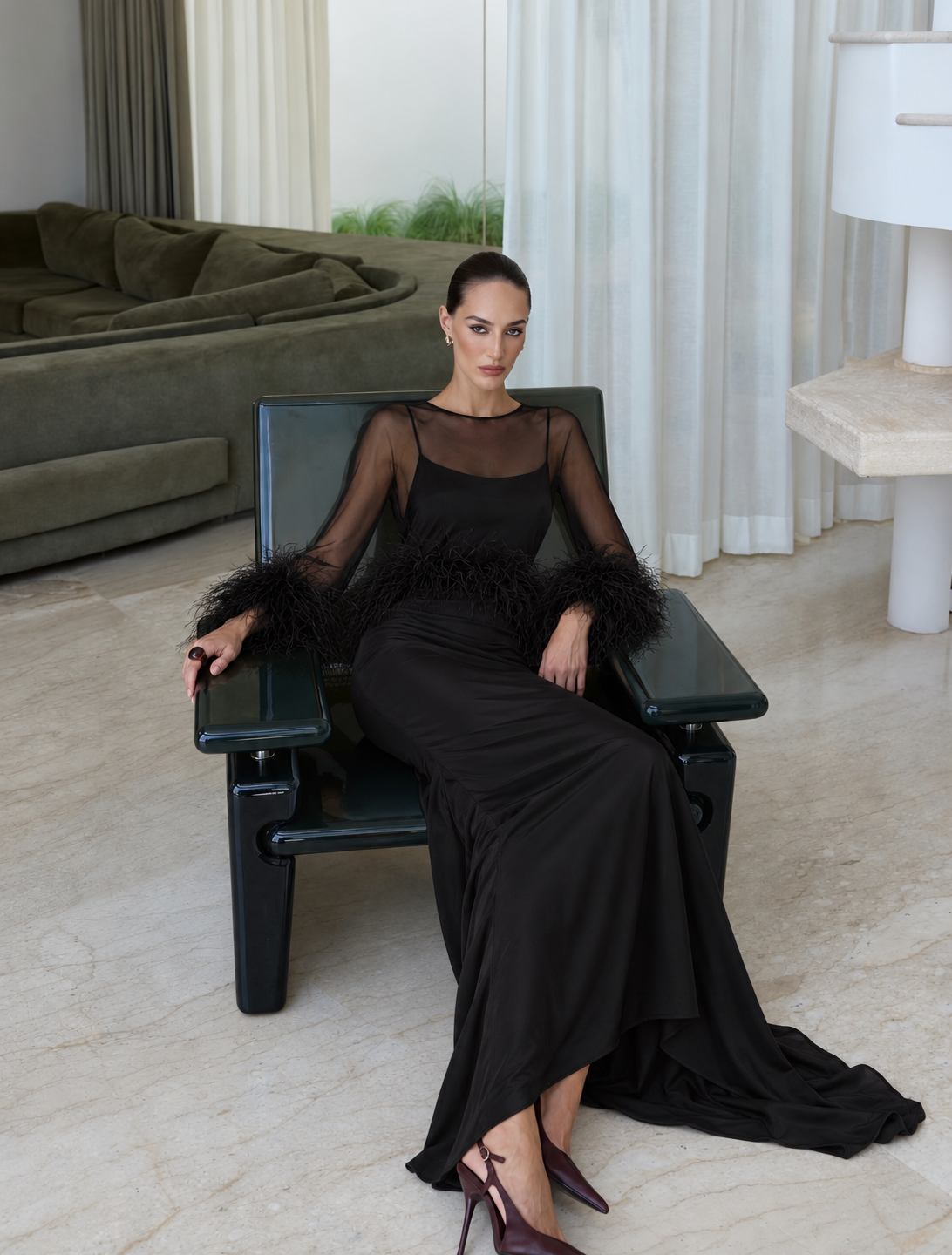 Amira Maxi Dress & Shawl Set with Feather Trim - Black