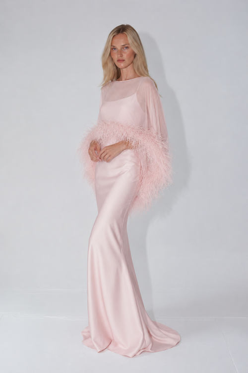 Amira Maxi Dress & Shawl Set with Feather Trim - Pink