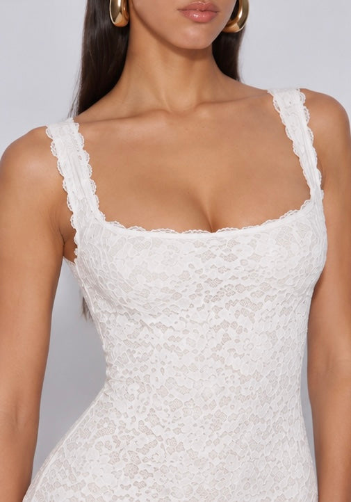 Amelia Lace Ruffle Midi Dress - White