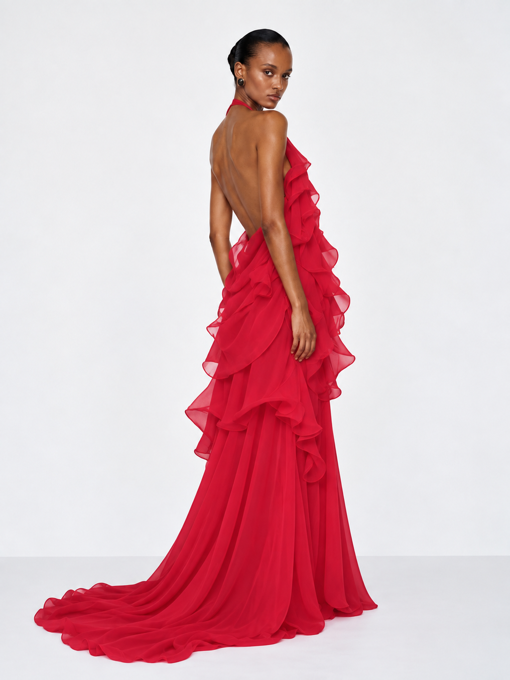 Maura Ruffle Chiffon Halter Maxi Dress - Red