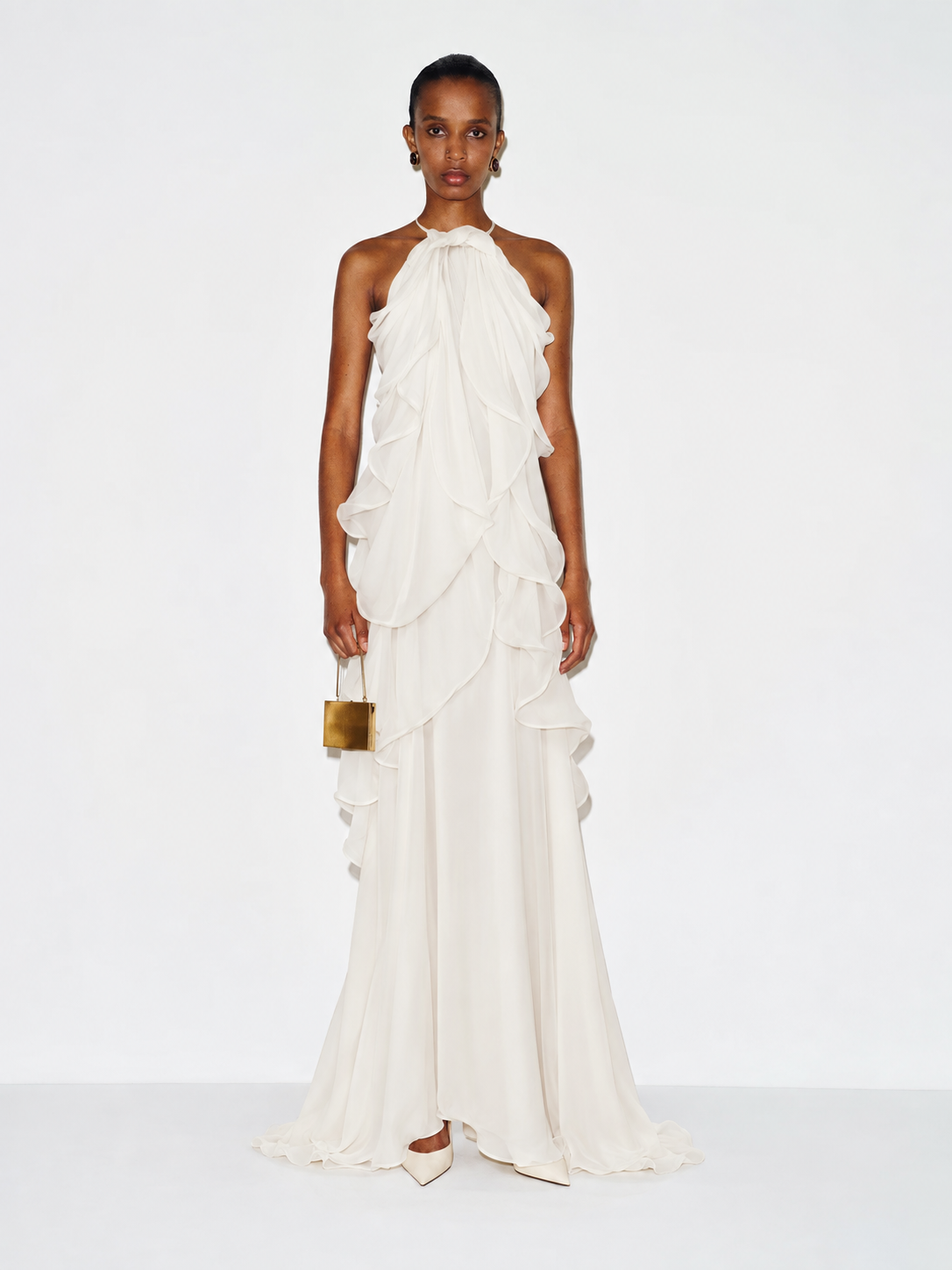 Maura Ruffle Chiffon Halter Maxi Dress - White