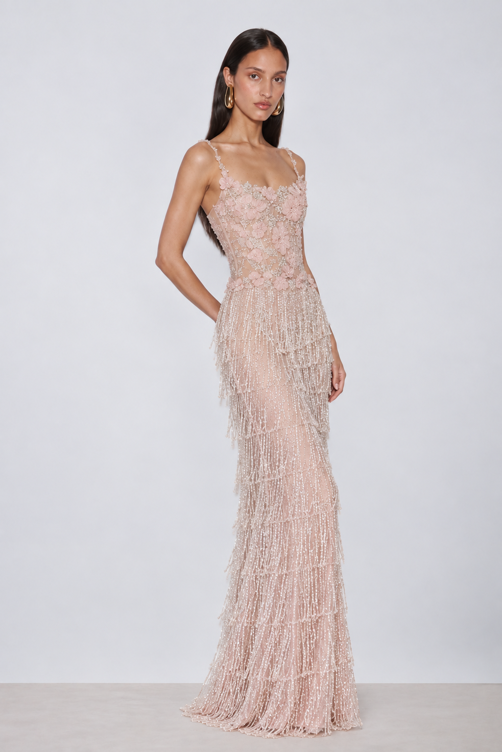Faria Floral Embellished Fringe Maxi Dress