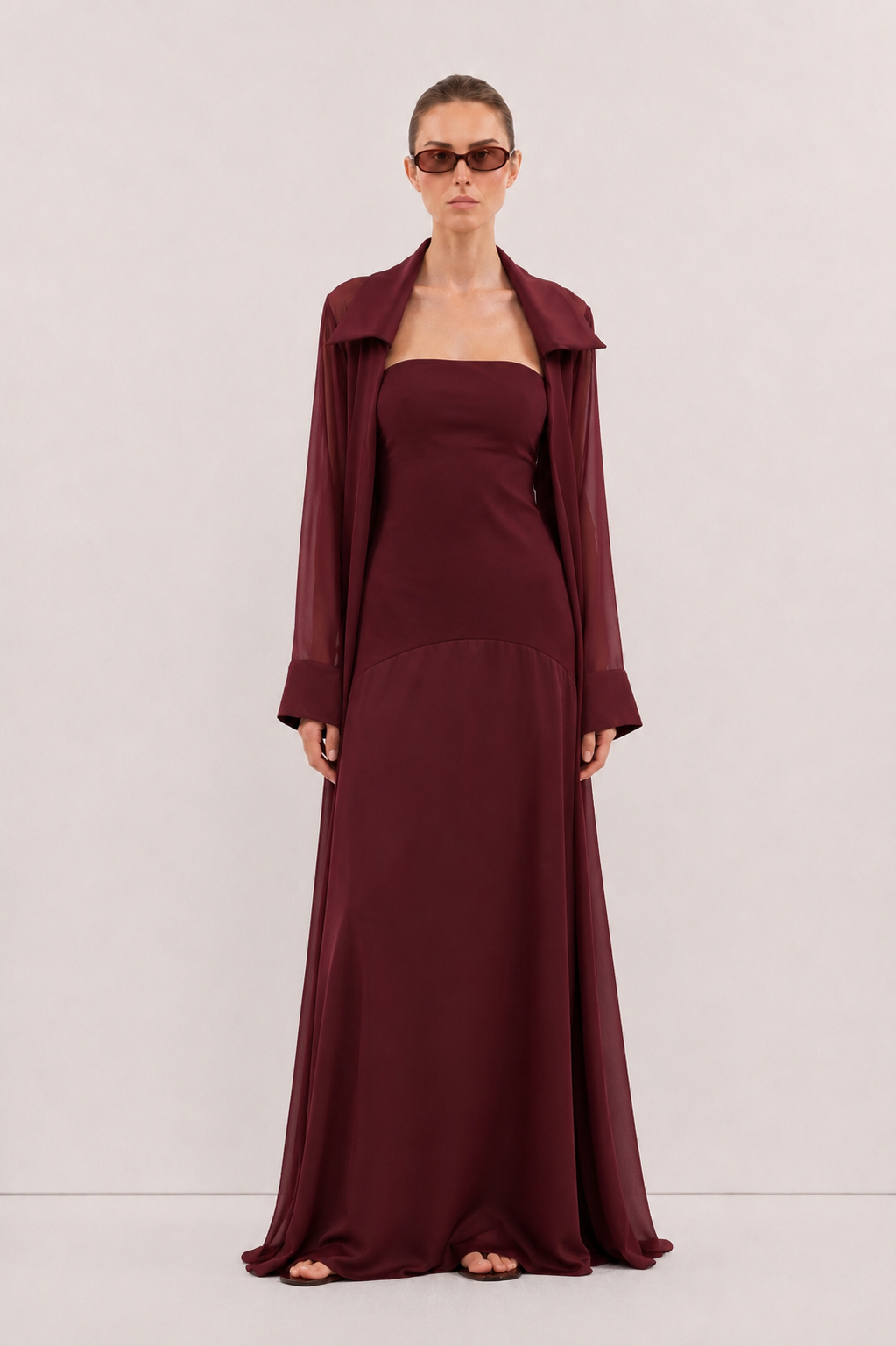 Amaya Satin Mesh Maxi Dress Set - Burgundy