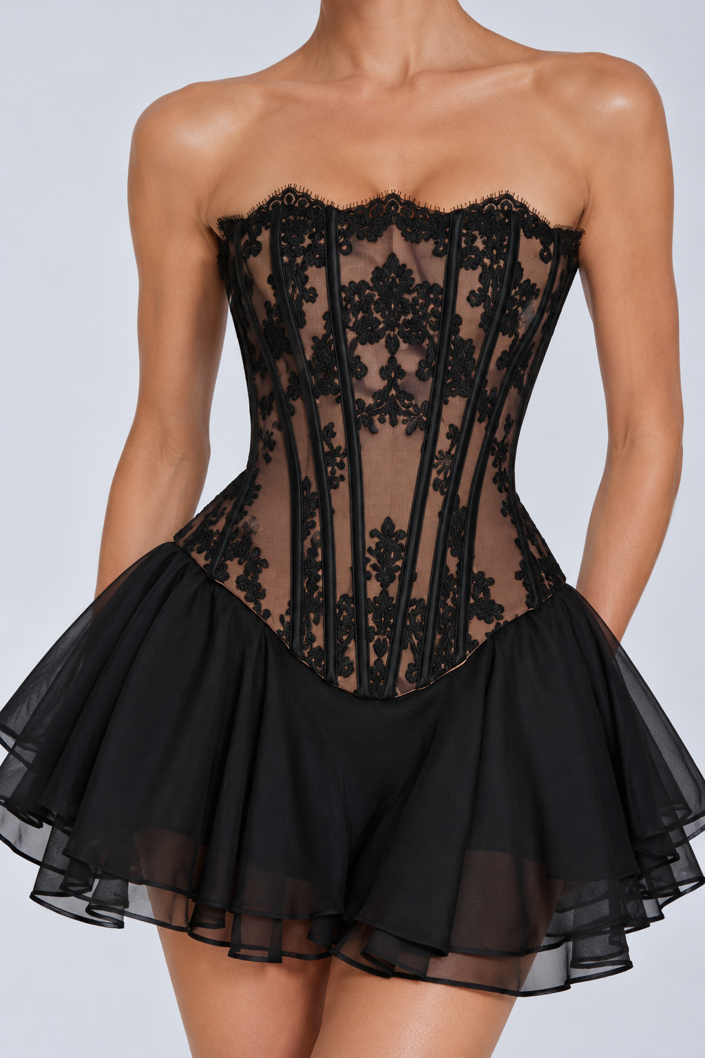 Chloe Lace Corset Mini Skirt Set - Black