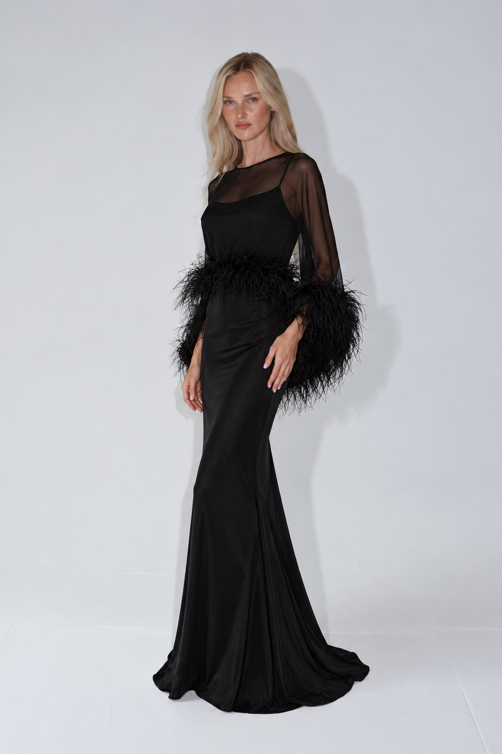 Amira Maxi Dress & Shawl Set with Feather Trim - Black