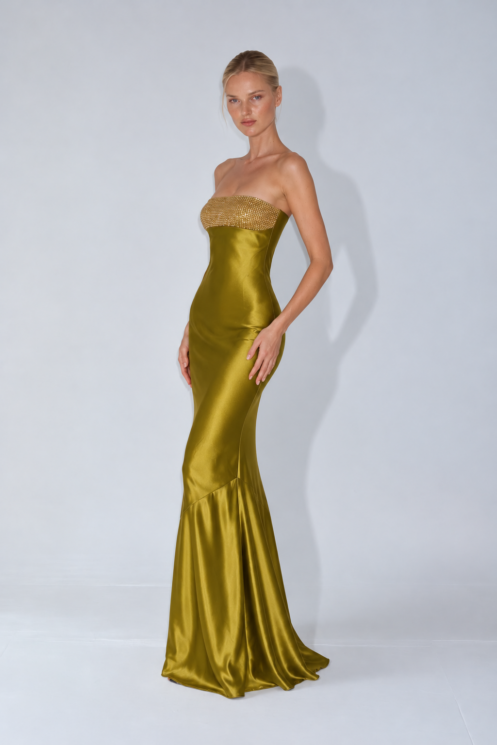Anastelle Embellished Satin Maxi Dress - Olive