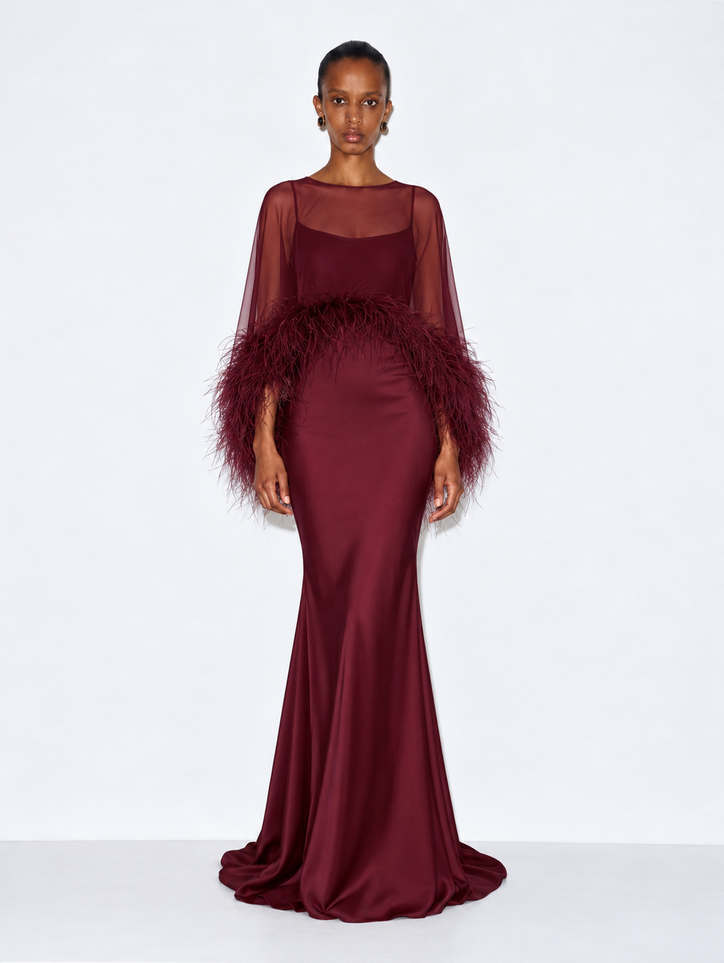 Amira Maxi Dress & Shawl Set with Feather Trim - Burgundy