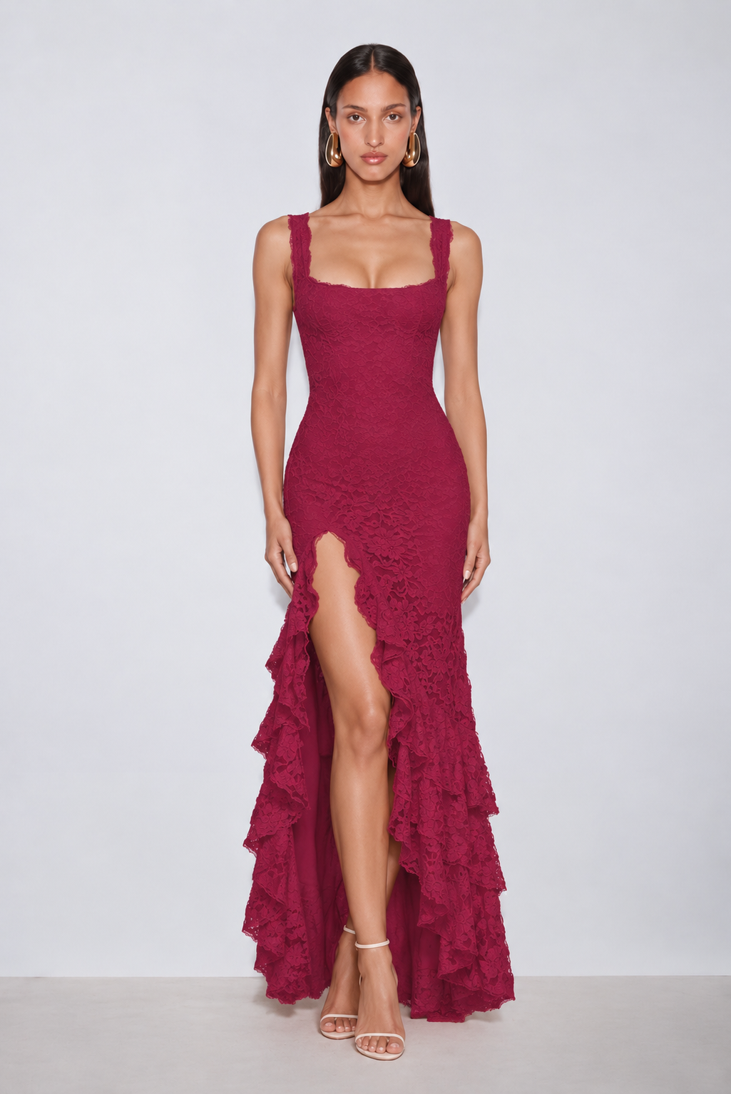 Amelia Lace Ruffle Midi Dress - Red