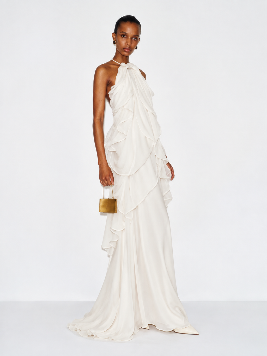 Maura Ruffle Chiffon Halter Maxi Dress - White