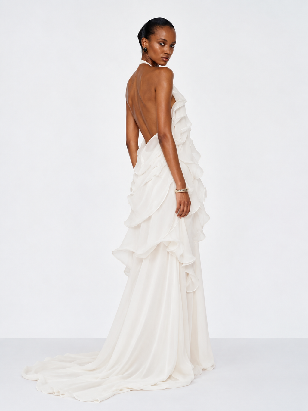 Maura Ruffle Chiffon Halter Maxi Dress - White