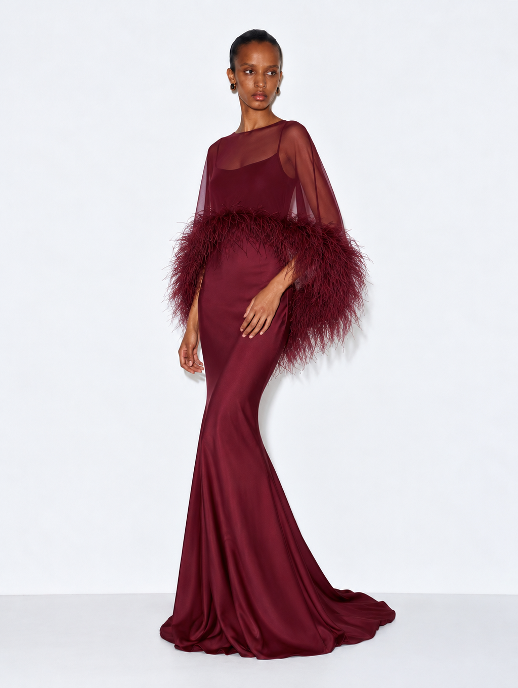 Amira Maxi Dress & Shawl Set with Feather Trim - Burgundy
