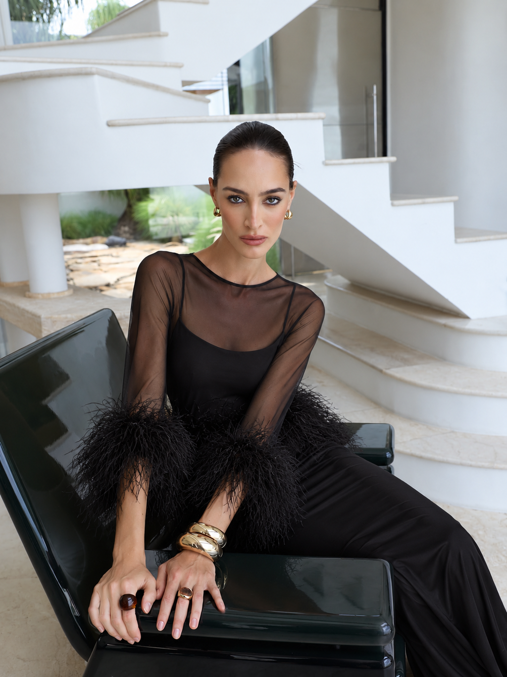 Amira Maxi Dress & Shawl Set with Feather Trim - Black