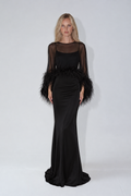 Amira Maxi Dress & Shawl Set with Feather Trim - Black