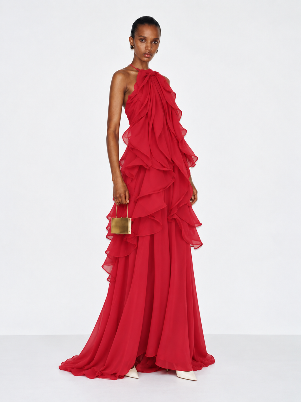 Maura Ruffle Chiffon Halter Maxi Dress - Red