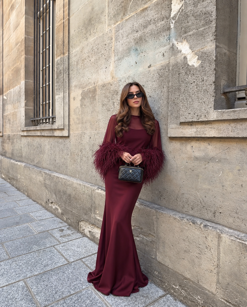 Amira Maxi Dress & Shawl Set with Feather Trim - Burgundy