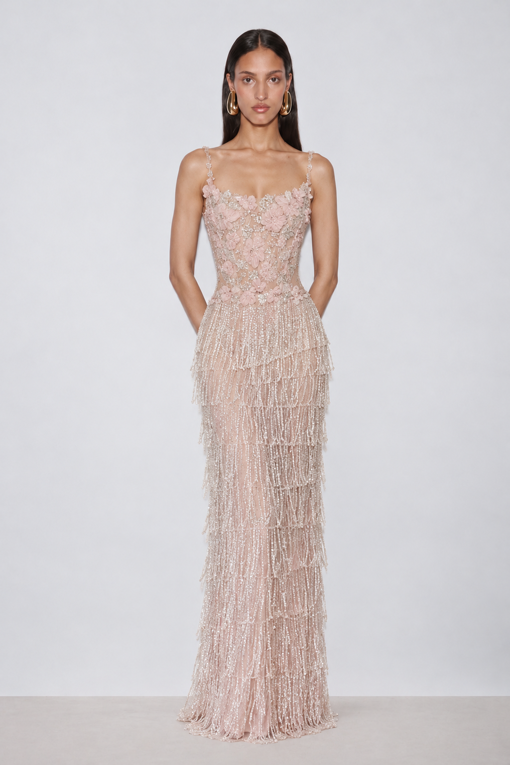 Faria Floral Embellished Fringe Maxi Dress