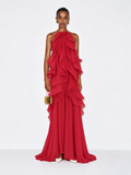 Maura Ruffle Chiffon Halter Maxi Dress - Red