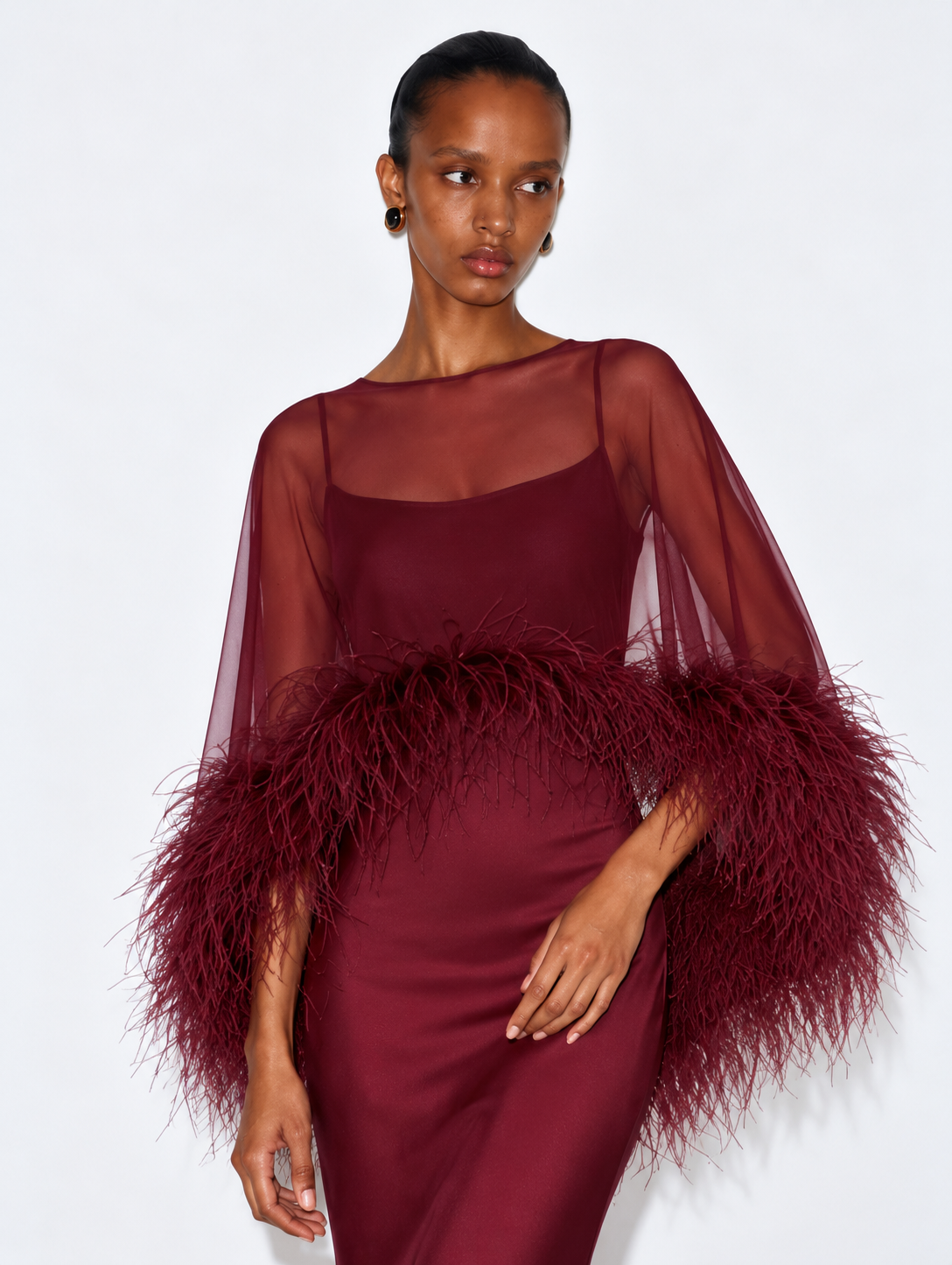 Amira Maxi Dress & Shawl Set with Feather Trim - Burgundy