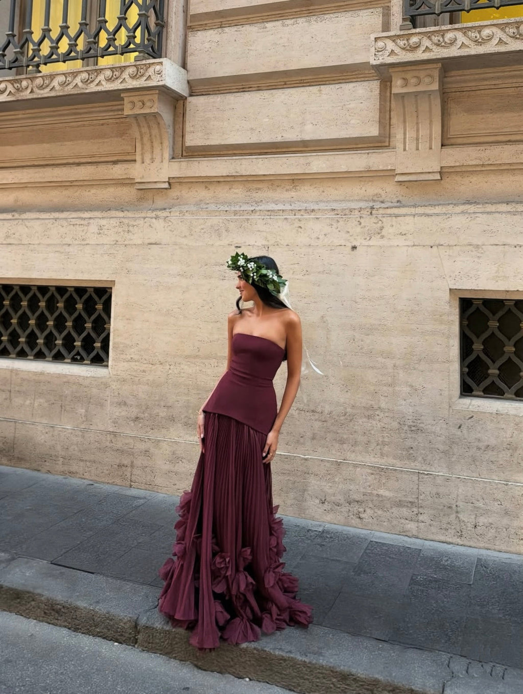 Marbella Floral Pleated Corset Maxi Dress - Burgundy