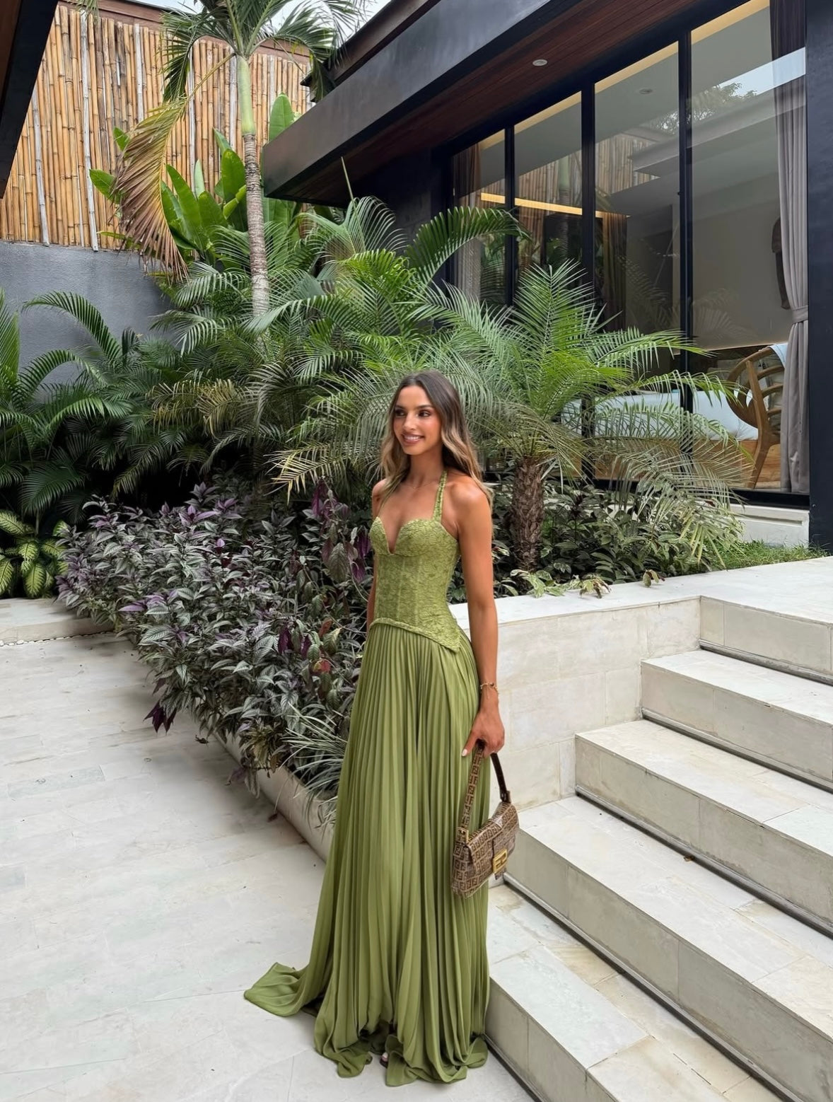 Esra Corset Pleated Maxi Dress - Olive