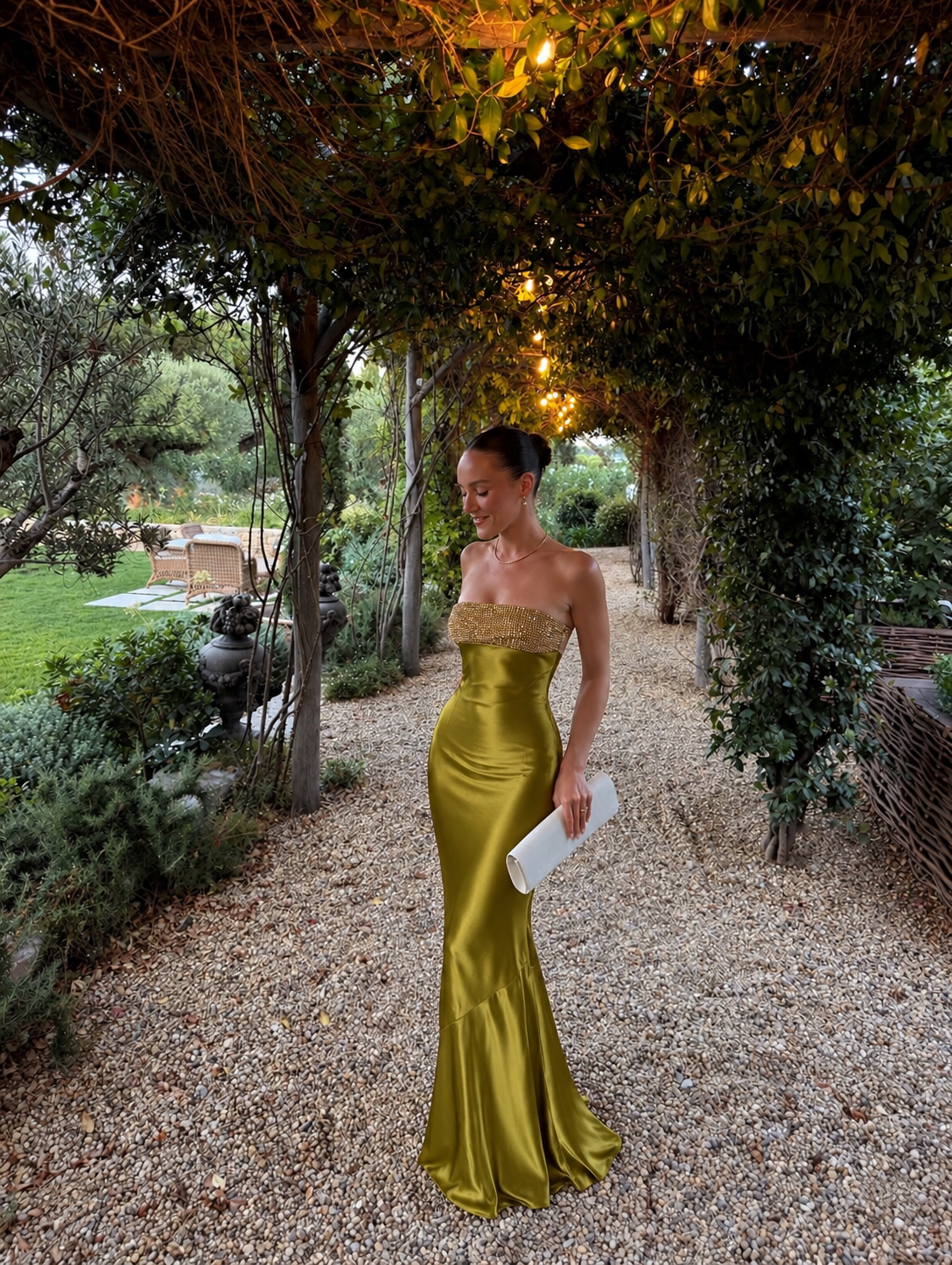 Anastelle Embellished Satin Maxi Dress - Olive