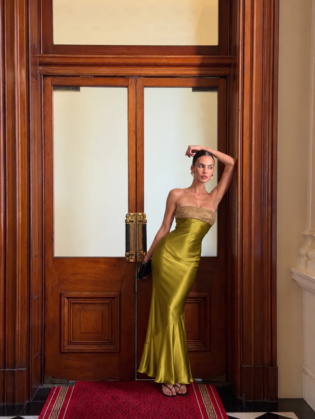 Anastelle Embellished Satin Maxi Dress - Olive