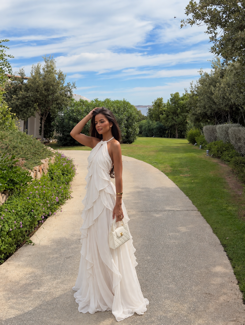 Maura Ruffle Chiffon Halter Maxi Dress - White